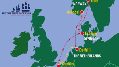 Kart med bilde over ruten til tall ship races 2029 som ender opp i Oslo