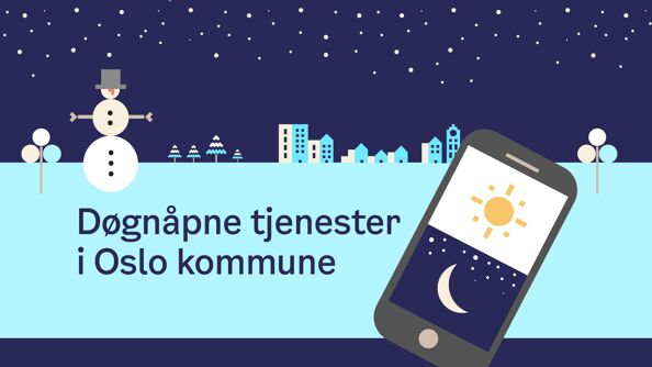 Illustrasjon av mobiltelefon og snømann på blå bakgrunn.