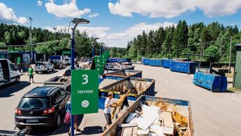 Blå containere og mennesker som kaster avfall