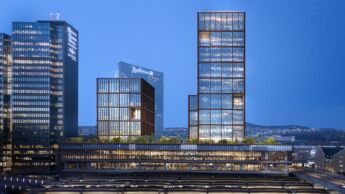 Illustrasjon av to høye bygg på gamle postens brevsenter med Oslo S sporområde i forgrunnen. To nye høyhus ved siden av postterminalen med plaza i bakgrunnen.