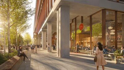 Illustrasjon fra gateplan. Åpent område under høyhus, med cafe og benker og trær