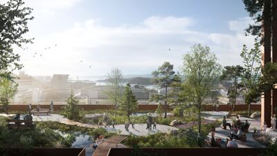 Illustrasjon fra taket på brevsenteret som skal bli park, med trær og benker