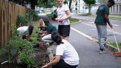 Ungdom rydder og planter.