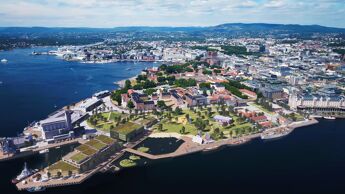 Illustrasjon over hvordan Vippetangen kan bli. Viser blant annet mer grønt og offentlige byrom. Dette er kun en illustrasjon, det blir ikke akkurat slik.