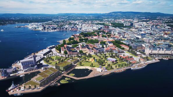 Illustrasjon over hvordan Vippetangen kan bli. Viser blant annet mer grønt og offentlige byrom. Dette er kun en illustrasjon, det blir ikke akkurat slik.