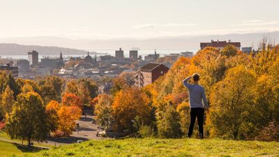 Mann som står med ryggen til og ser ut over Oslo fra Torshovdalen utsiktspunkt