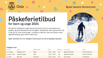 En listen med skrift. En gutt går på ski opp en bakke.