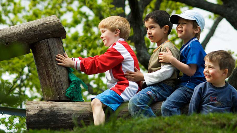 Barn sitter på en lekehest av tre ute