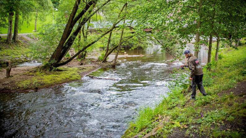 Bildet viser en som fisker i Akerselva. Fisking i Akerselva er en populær aktivitet. 