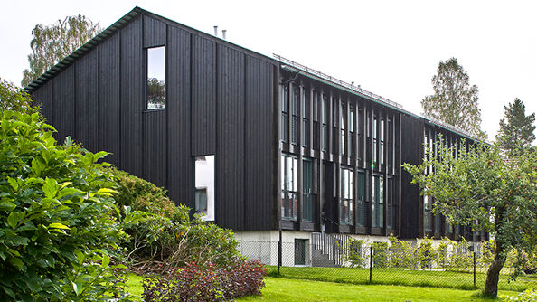 Hus i grønn hage. Smalt panel og skråtak. To høye vinduer på kortsiden, tette vinduer på langsiden.
