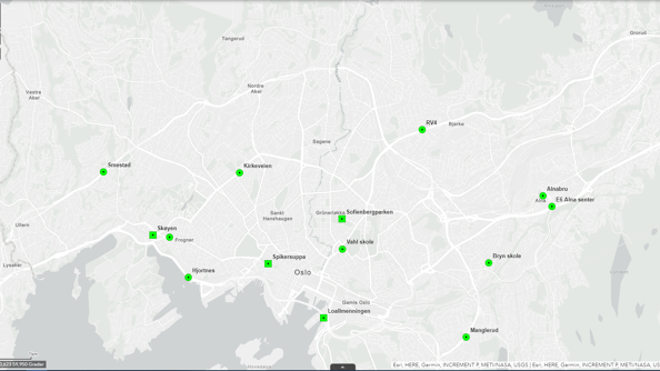 Oslo kommune og Statens vegvesen måler luftkvaliteten på disse 15 målestasjonene. 