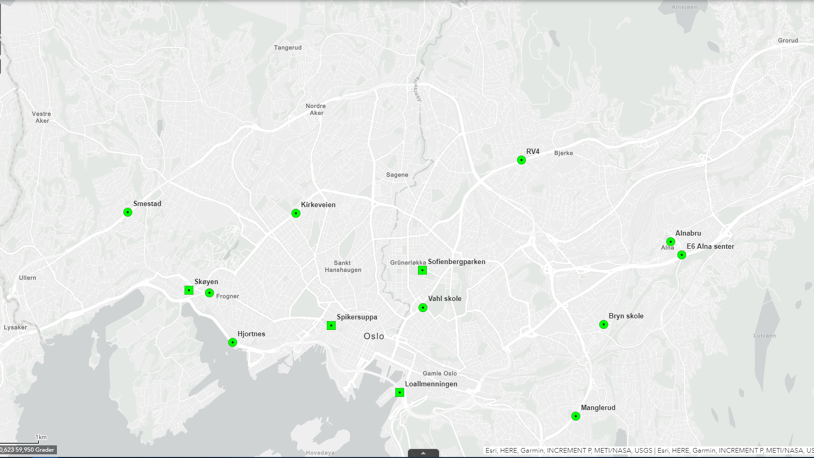 Oslo kommune og Statens vegvesen måler luftkvaliteten på disse 14 målestasjonene. 