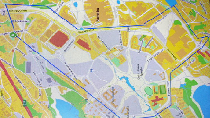 Kart som viser område for rengjøring av veier på Fornebu 16-19 mars 2022