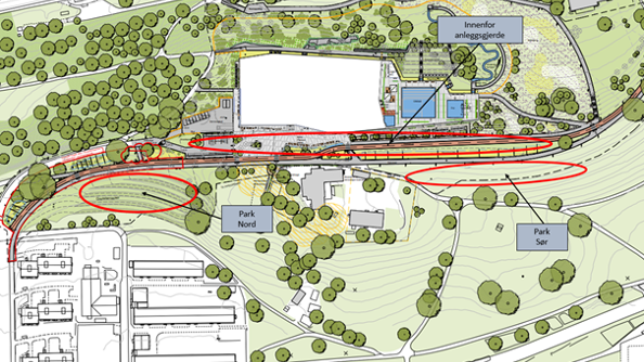 Illustrasjon av hvordan områdene blir sperret av i forbindelse med byggearbeidene på det nye Tøyenbadet.