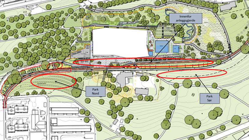 Illustrasjon av hvordan områdene blir sperret av i forbindelse med byggearbeidene på det nye Tøyenbadet.