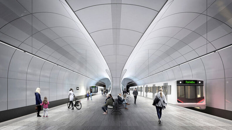 Illustration of Fornebu Metro Stasjon. People on the platform and metro trains on the tracks.