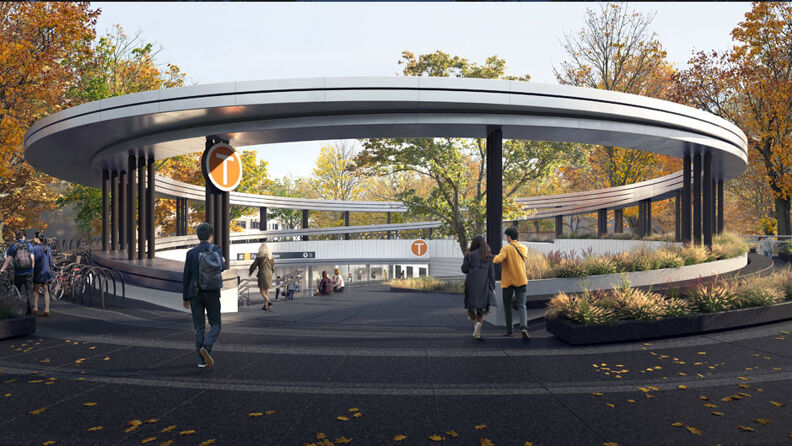 Illustration of the entrance to Fornebuporten Metro Station from Oksenøyveien.