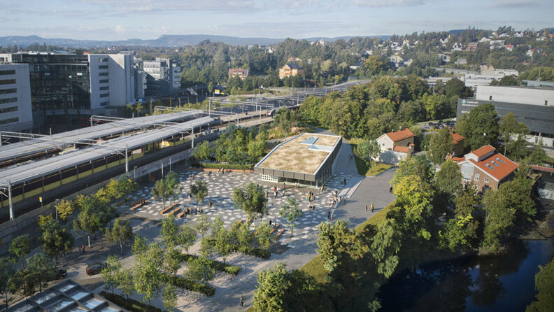 Illustration of Lysaker Metro station from the air. People travelling between the train and the metro station. Park area in front of the Metro station with benches and trees.