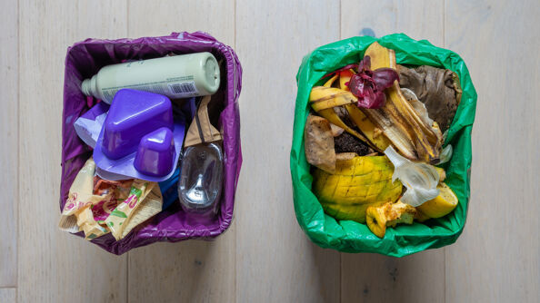 Søppelkasse med lilla avfallspose fylt med plastsøppel og søppelkasse med grønn avfallspose fylt med matavfall