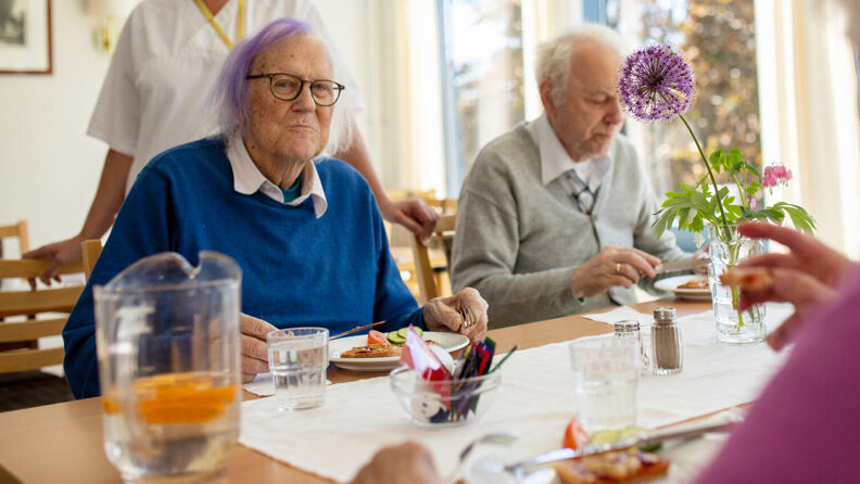 Tre beboere spiser mat med vannmugge, krydder og blomst på bordet.