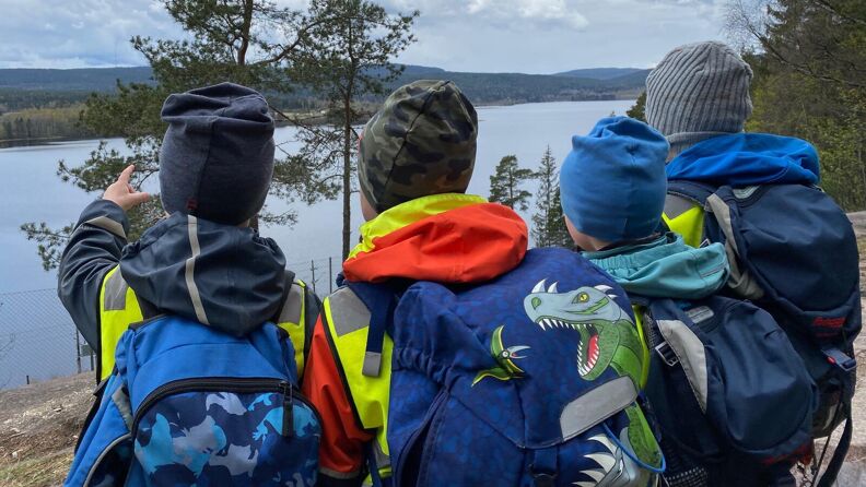 Barn på tur i skogen ser utover en utsikt. 