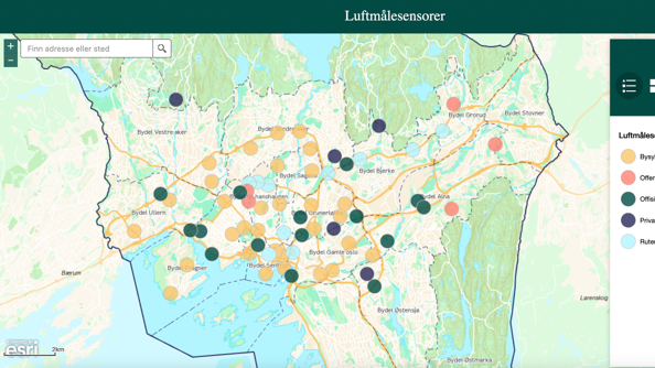 Bildet viser oversiktskart over plassering av luftmålersensorer i Oslo