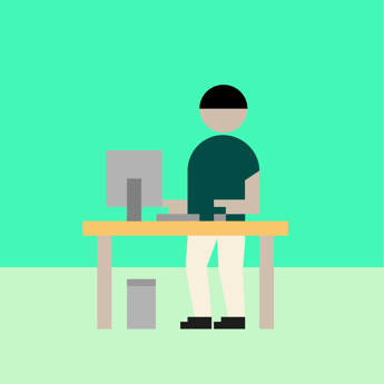 Illustrasjon av et menneske som står oppreist bakt en kontorpult med en dataskjerm. 