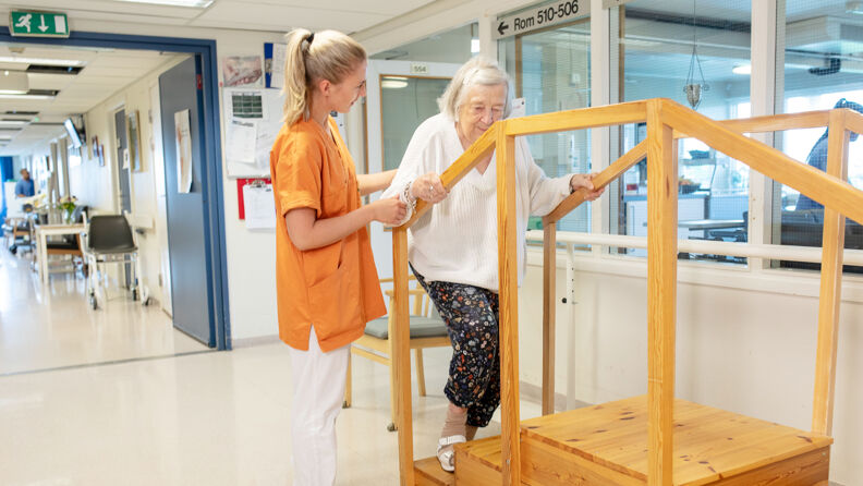 Pleier hjelper beboer med trening opp en liten trapp. 