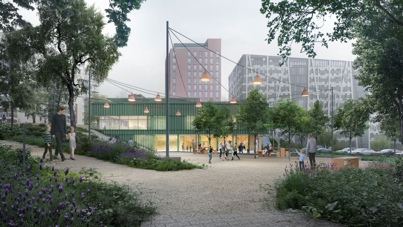 Illustrasjon av flerbrukshall og parkområde med lekende barn.