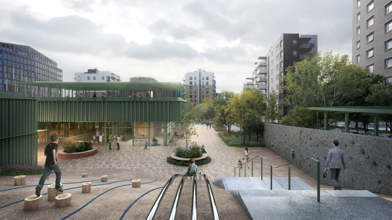 Illustrasjon av Løren aktivitetspark med gutt som balanserer på kubber.