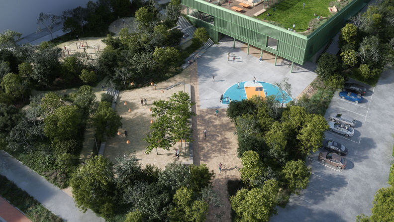 Illustrasjon i fugleperspektiv med oversikt over Løren aktivitetspark og flerbrukshall.