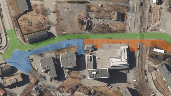 Flyfoto av Lilleakerveien med inntegnede prosjektfaser