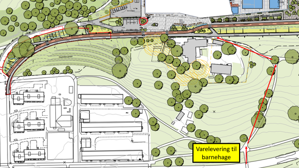 Bildet viser Tøyenparken og byggeplassen, med en rød linje som viser alternativ rute for varelevering til barnehagen. 
