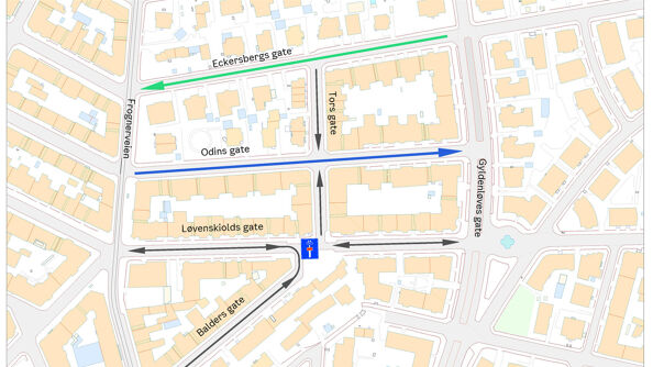 Illustrasjon av nytt kjøremønster mellom Frognerveien og Gyldenløves gate