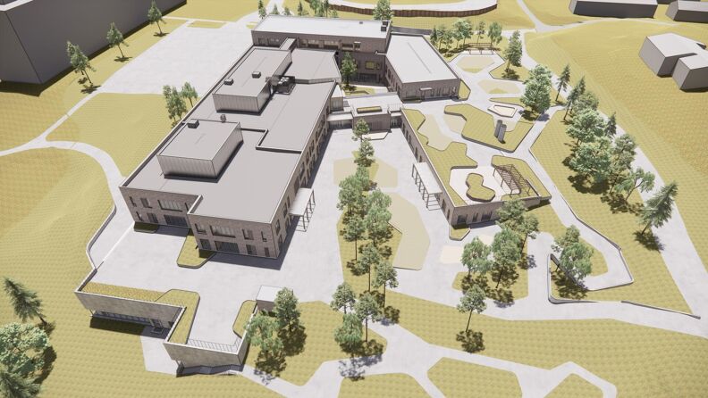 Haukåsen skole i fugleperspektiv. nedsyn mot svømmebasseng og skolegård