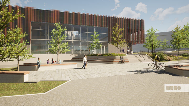 Svømmehall fra forsiden, atrium, treverk