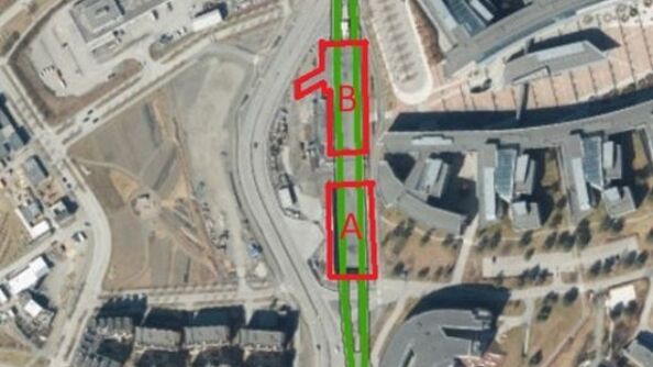 De to sjaktene (markert i rødt) skal utgjøre oppgangene fra stasjonsplattformen på Flytårnet. Vi har sprengt ferdig i sjakt A så her er det åpent ned til tunnel/stasjonshall. 