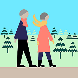  Illustrasjon av eldre mann og kvinne på tur i skogen.  