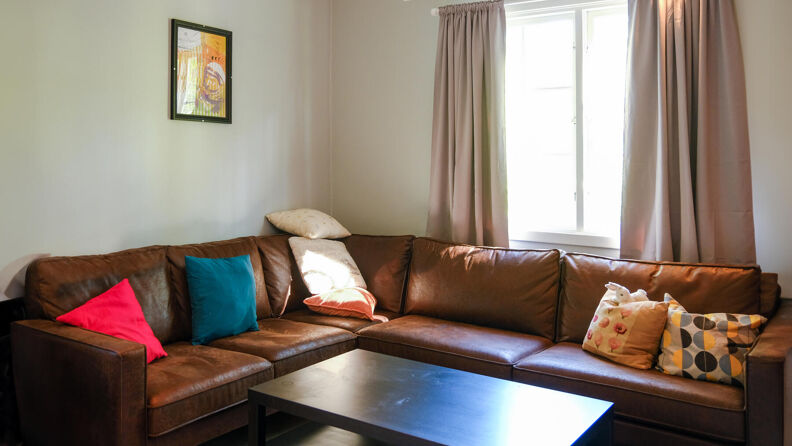 Sofagruppe med puter under et vindu med beige gardiner og et bilde på veggen