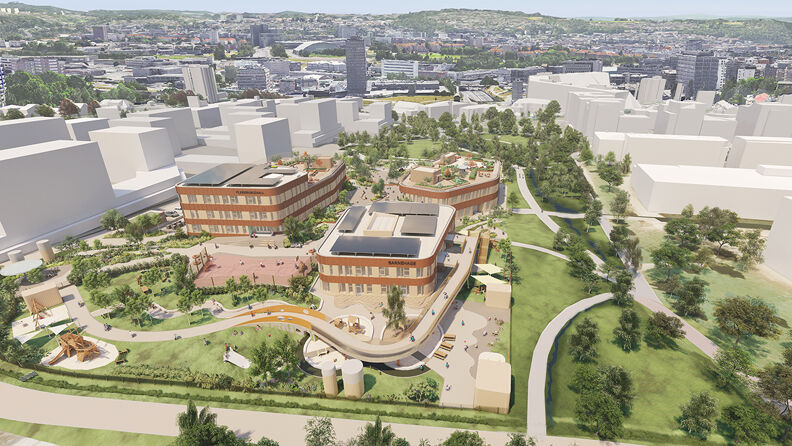 Illustrasjon av skoleanlegget i Økern Torgvei 6. 