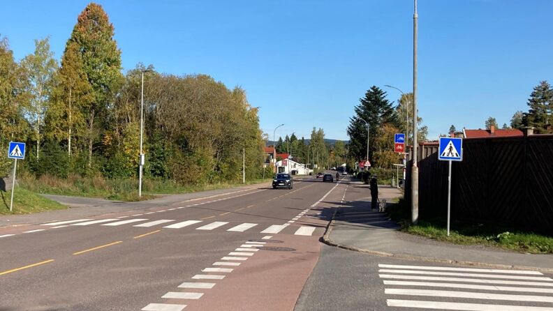 Utendørs, himmel, vei, bil, hus. Fotgjengerfelt i Hellerudveien med trær i bakgrunnen. 