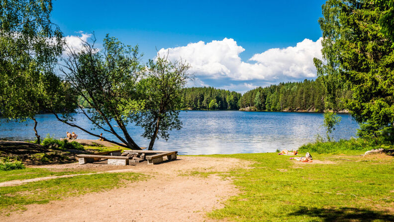 Bråten badeplass ved Nøklevann. Svaberg, bålplass, benker, gressplen og folk som soler seg.