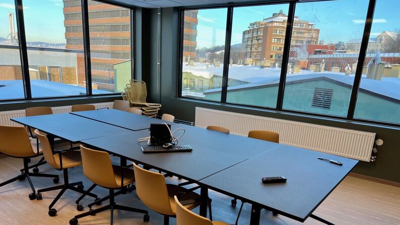 Møterom med et stort bord og mange stoler. Møterommet har vinduer langs to av veggene.