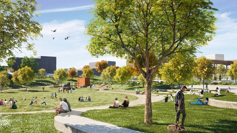 Illustrasjon av parkmiljø med mennesker, gangvei og trær