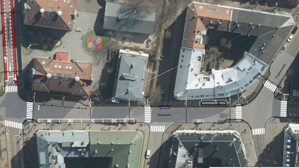 Skisse som viser tiltakene i Skovveien og Frognerveien