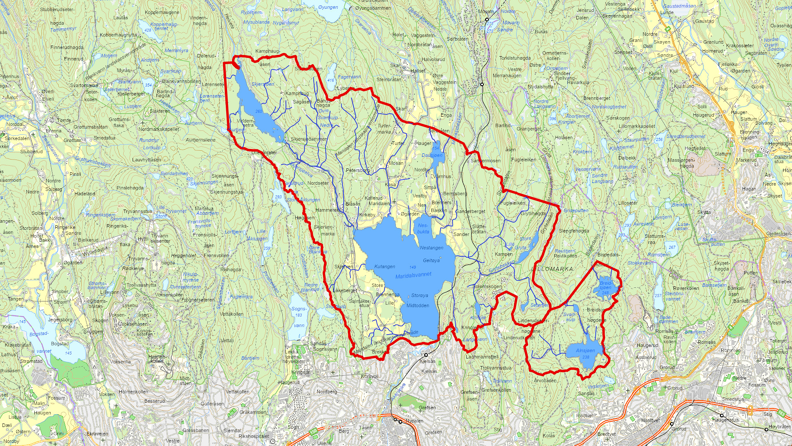 Kart som viser grensene rundt Maridalsvannet