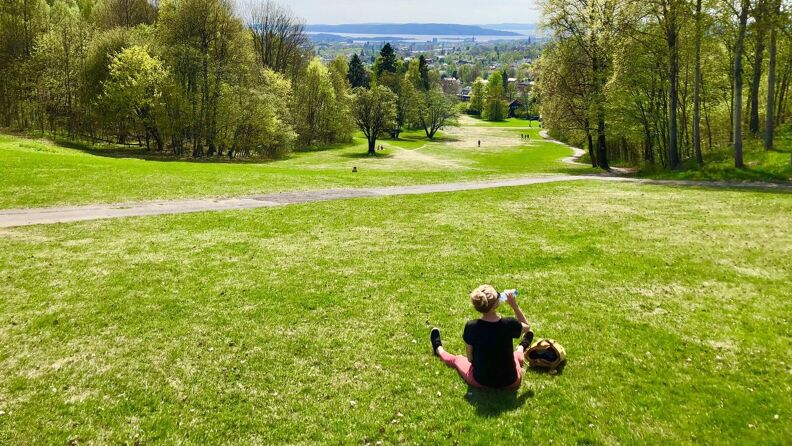 En dame sitter på gresset i Havnabakken og ser på utsikten mens hun drikker vann.