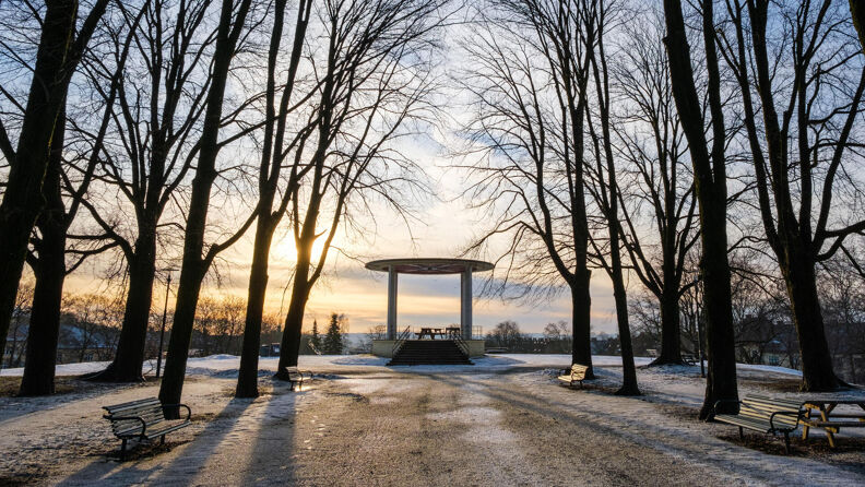 Monument foran solnedgangen i Torshovparken.