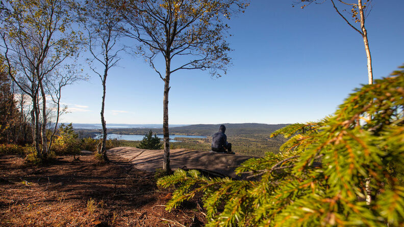 En mann sitter på fjellet og ser på utsikten fra Barlindåsen.