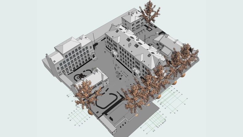 illustrasjon av foreløpig arbeidsskisse med skole og skolegård sett ovenfra